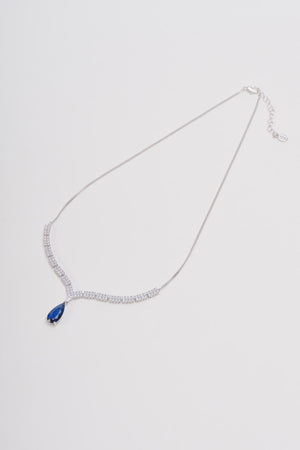 Clear Diamante & Blue Stone Pendant Silver Necklace