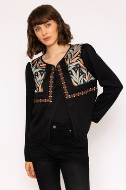 Carraig Donn Colourful Print Detail Boho Short Jacket in Black