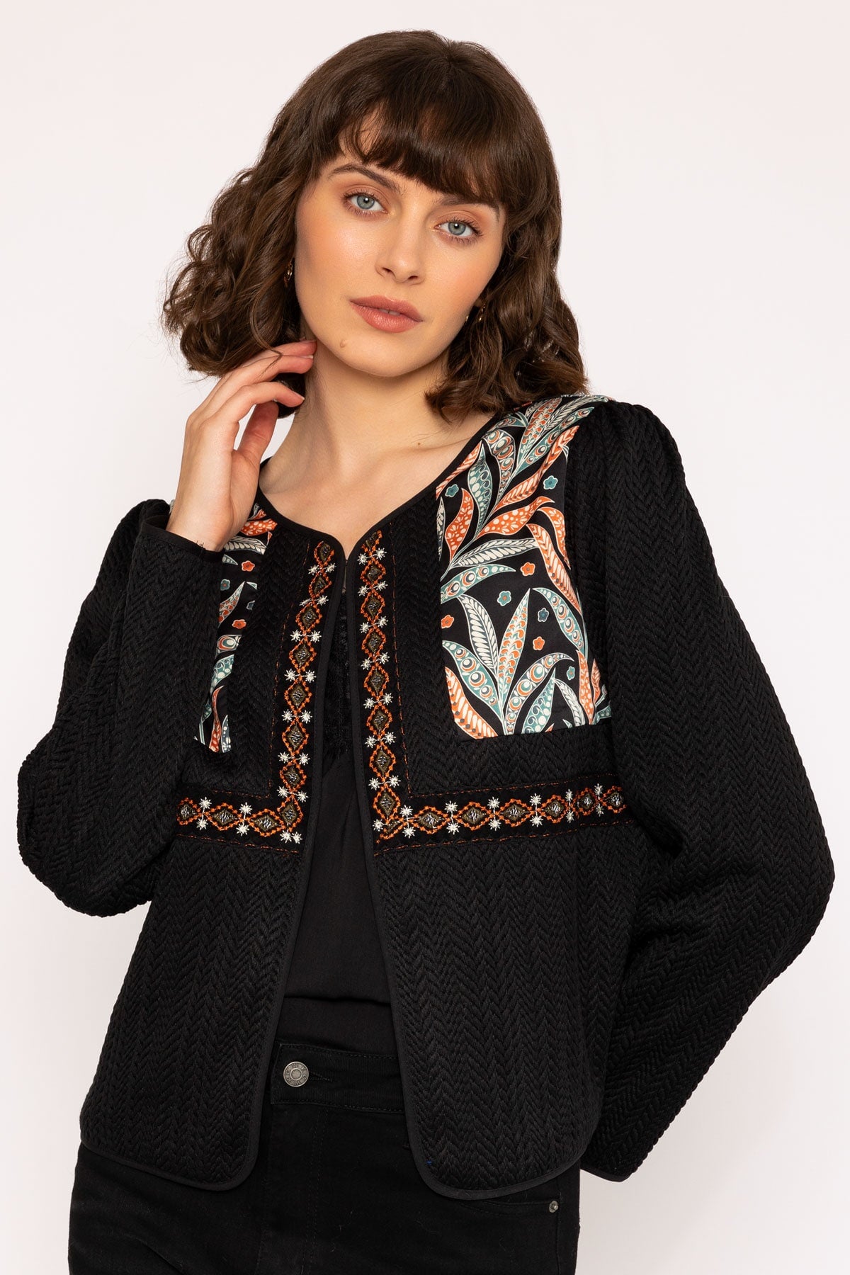 Colourful Print Detail Boho Short Jacket in Black