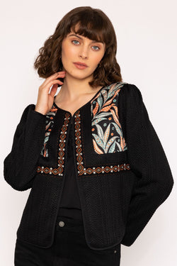 Carraig Donn Colourful Print Detail Boho Short Jacket in Black