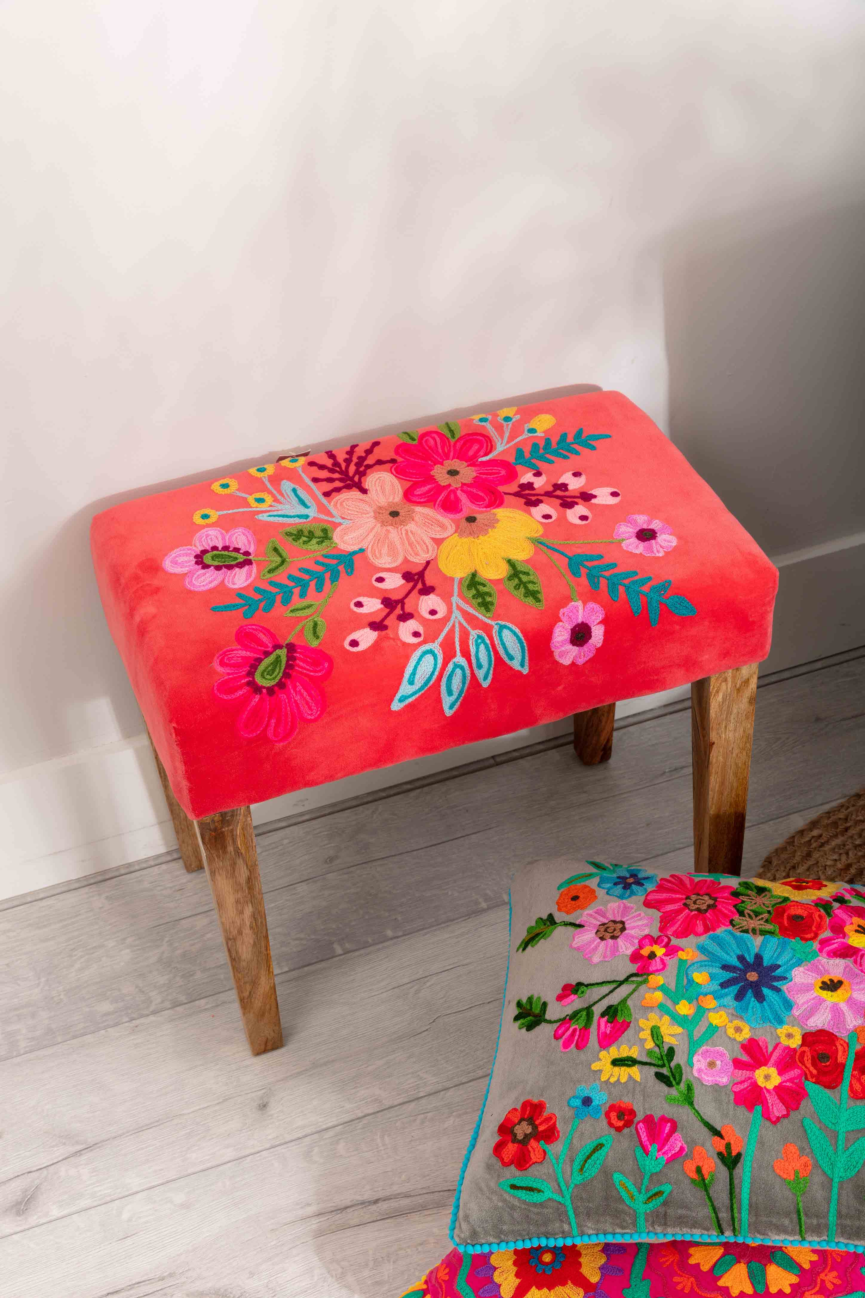Coral Velvet Embossed Floral Foot Stool Footstools Carraig Donn
