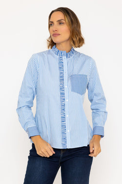 Carraig Donn Cotton Ruffle Placket Shirt in Blue