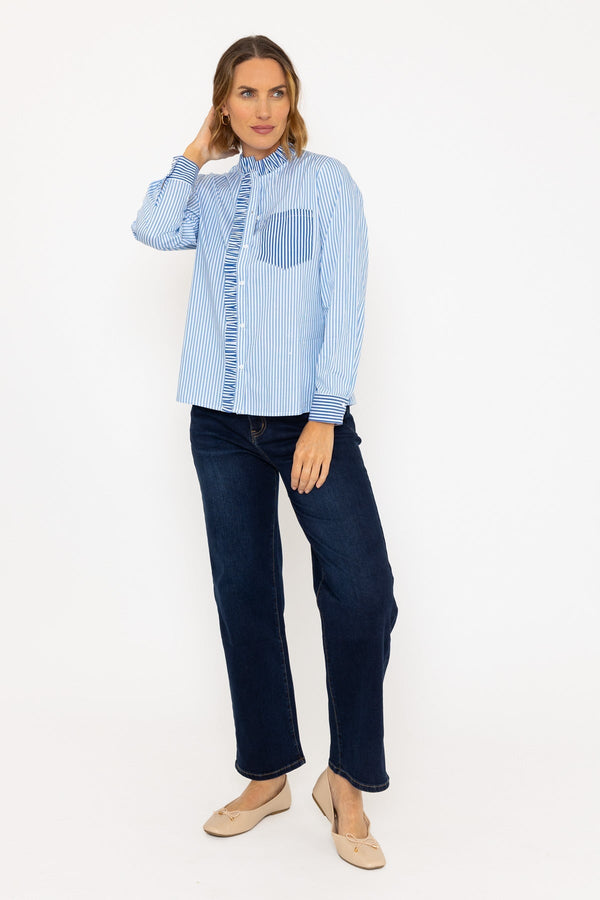 Carraig Donn Cotton Ruffle Placket Shirt in Blue