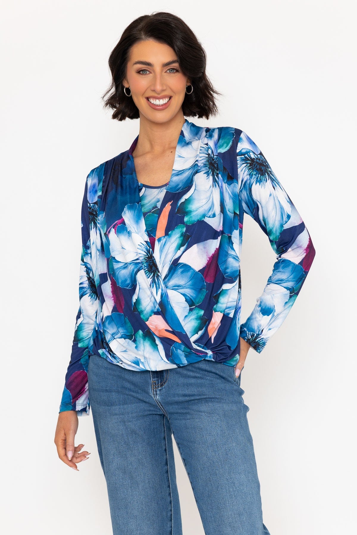 Cross Over Navy Print Long Sleeve Top