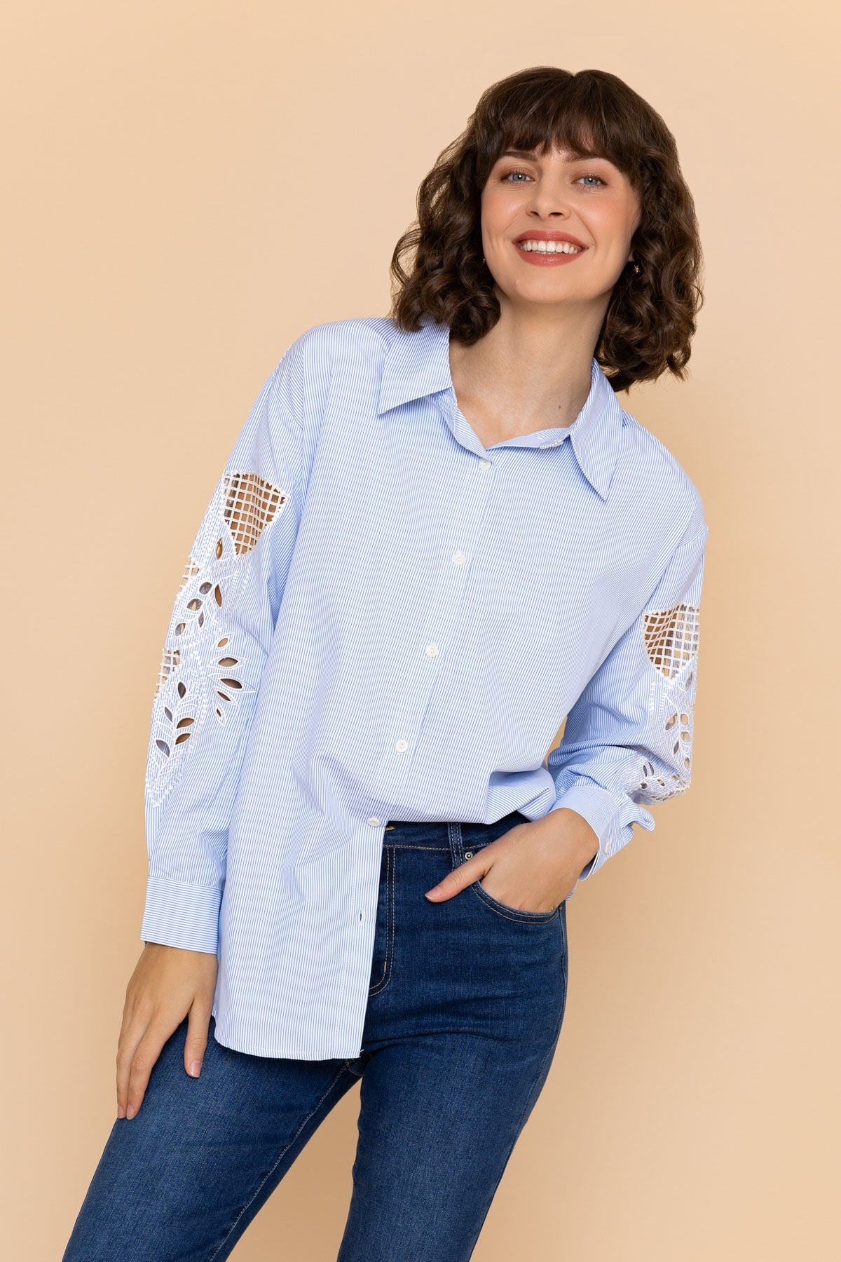 Cutwork Pinstripe Shirt | Ladies Shirt – Carraig Donn