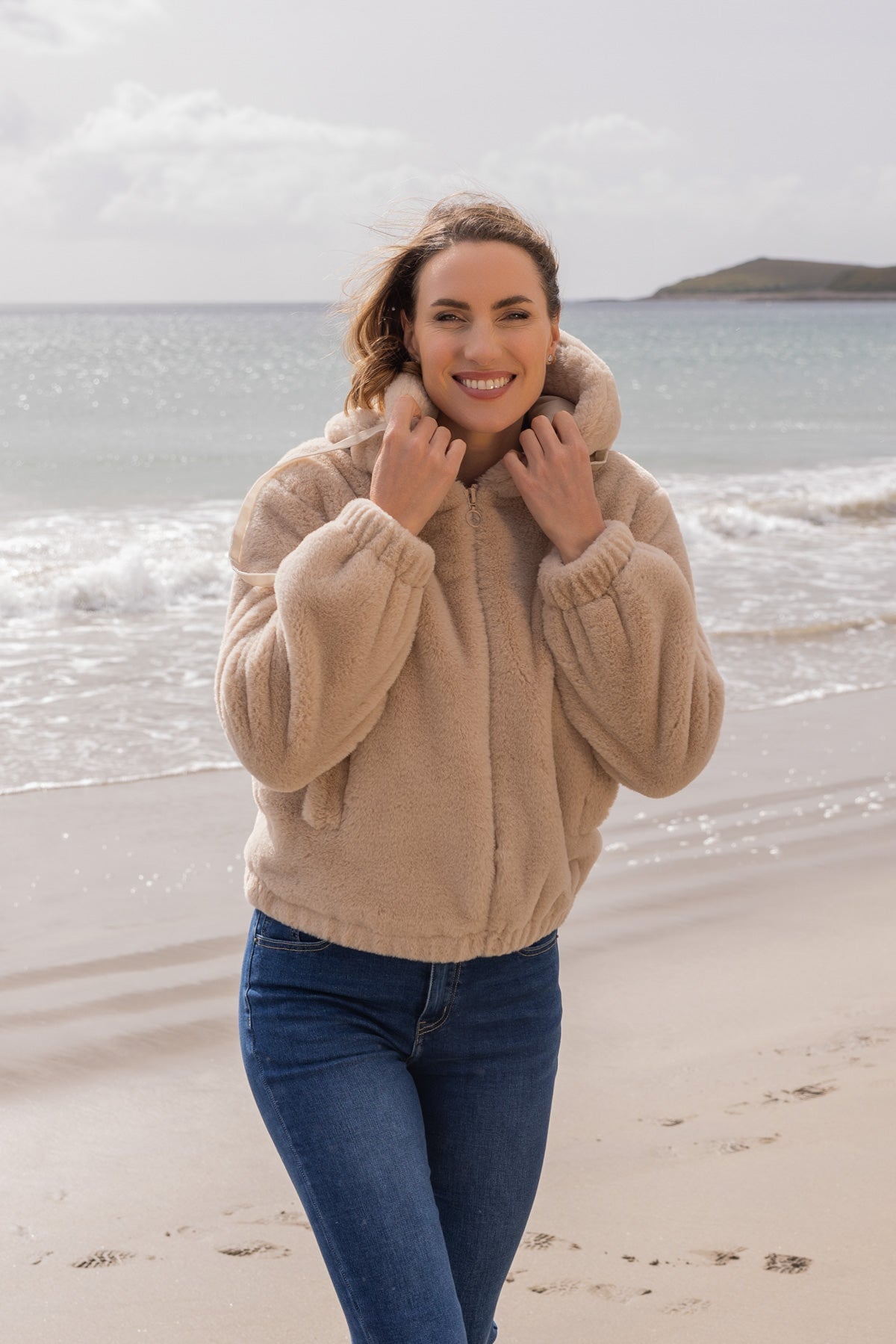 Ecru Hooded Faux Fur Bomber Jacket Carraig Donn