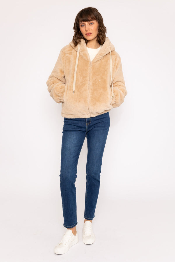 Carraig Donn Ecru Hooded Faux Fur Bomber Jacket