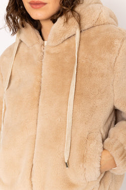 Carraig Donn Ecru Hooded Faux Fur Bomber Jacket