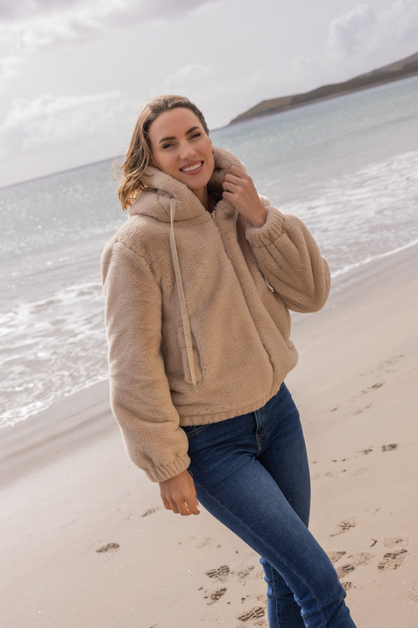 Carraig Donn Ecru Hooded Faux Fur Bomber Jacket