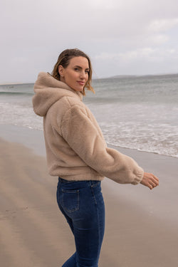 Carraig Donn Ecru Hooded Faux Fur Bomber Jacket