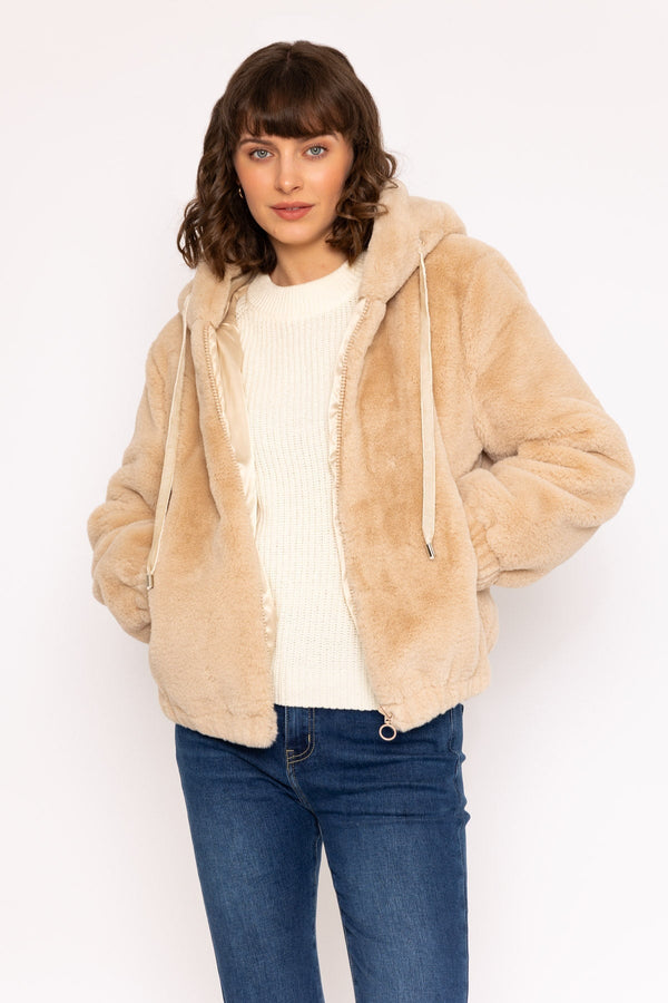 Carraig Donn Ecru Hooded Faux Fur Bomber Jacket