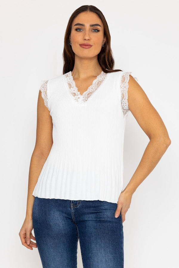 Carraig Donn Ecru Sleeveless Lace Trim Pleat Top