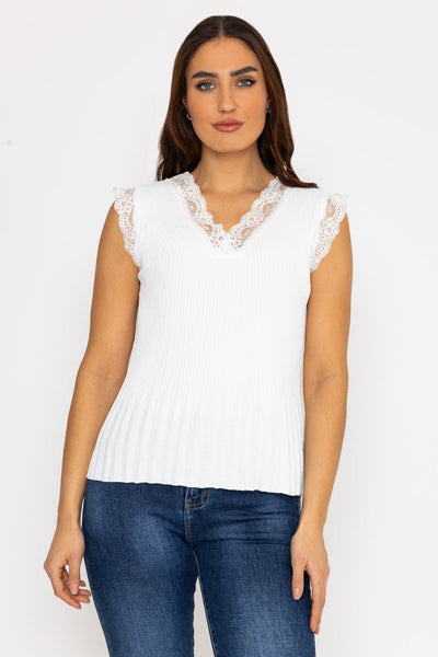 Carraig Donn Ecru Sleeveless Lace Trim Pleat Top