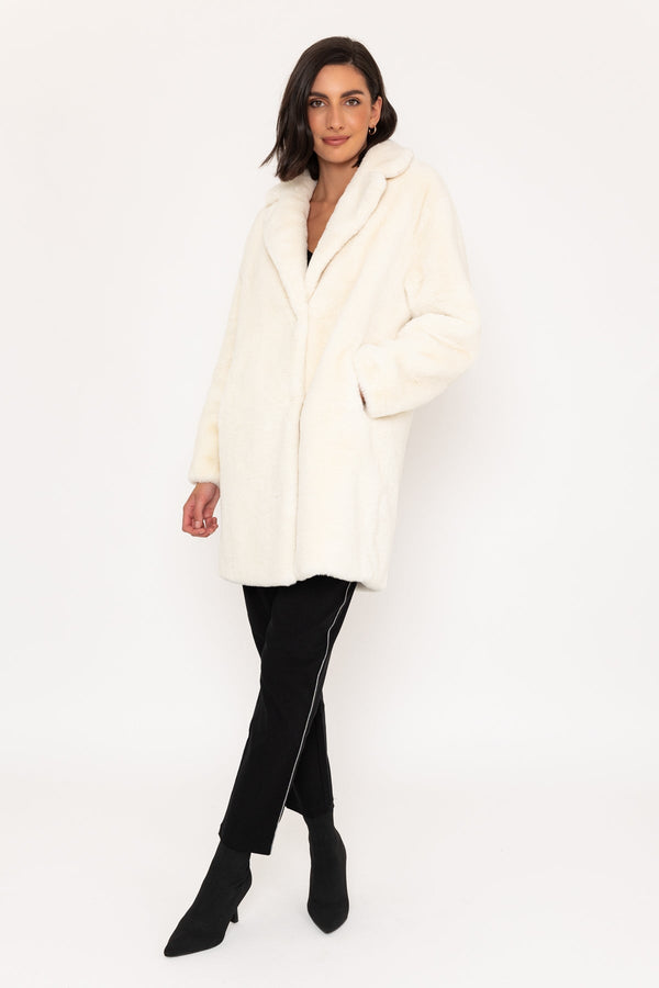 Carraig Donn Faux Fur Coat With Lapel in Ivory