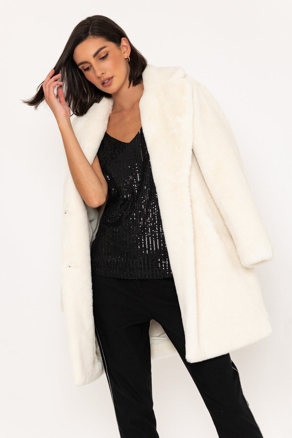 Carraig Donn Faux Fur Coat With Lapel in Ivory