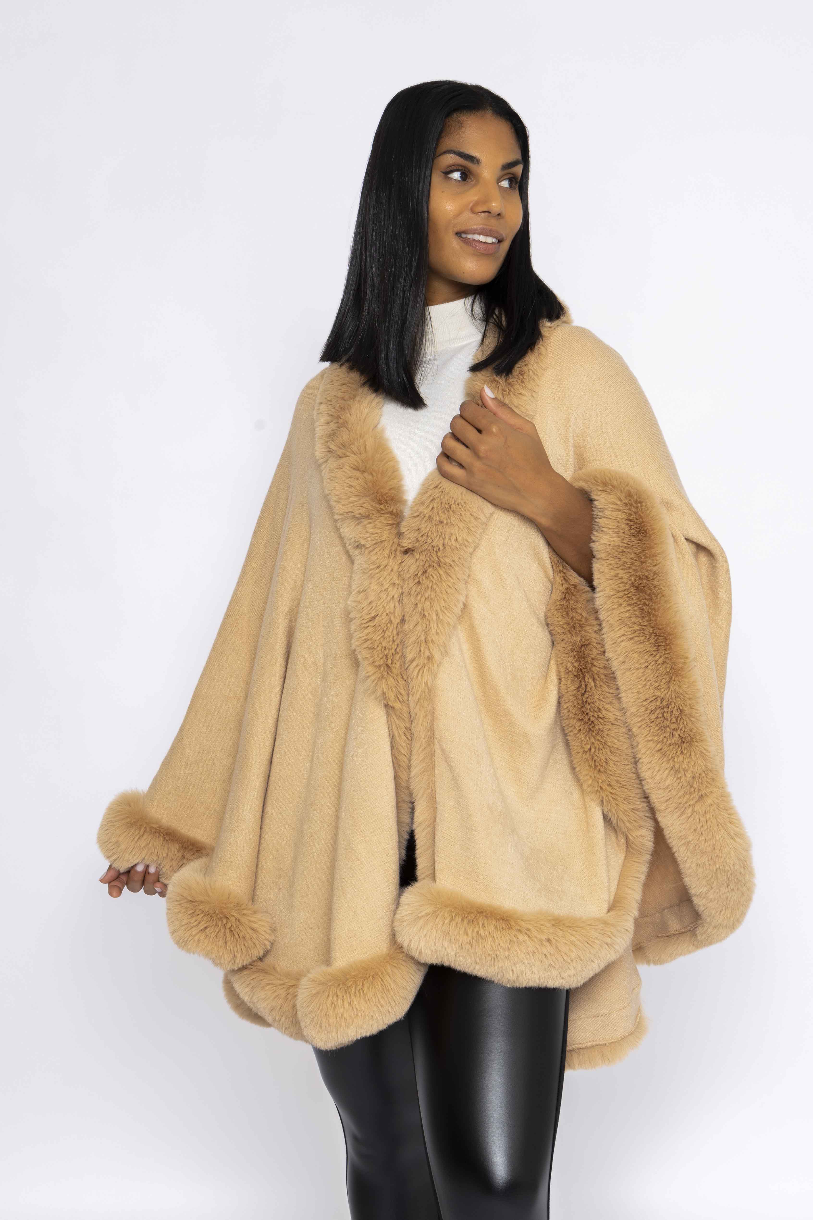 Faux Fur Trim Wrap in Camel | Capes | Carraig Donn