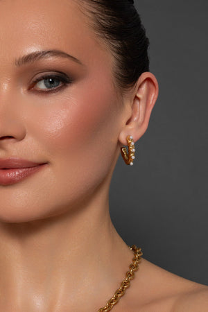 Faux Pearl Hammered Gold Hoop Earrings