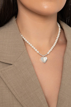 Faux Pearl & Heart Silver Necklace