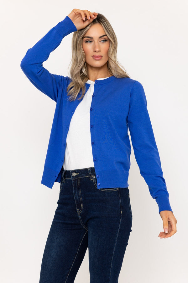 Carraig Donn Fine Gauge Crew Neck Cardigan in Blue