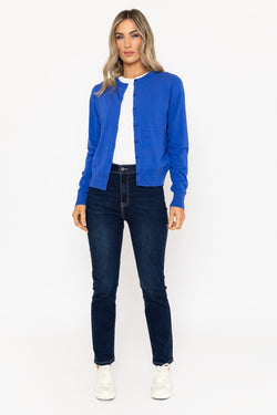 Carraig Donn Fine Gauge Crew Neck Cardigan in Blue