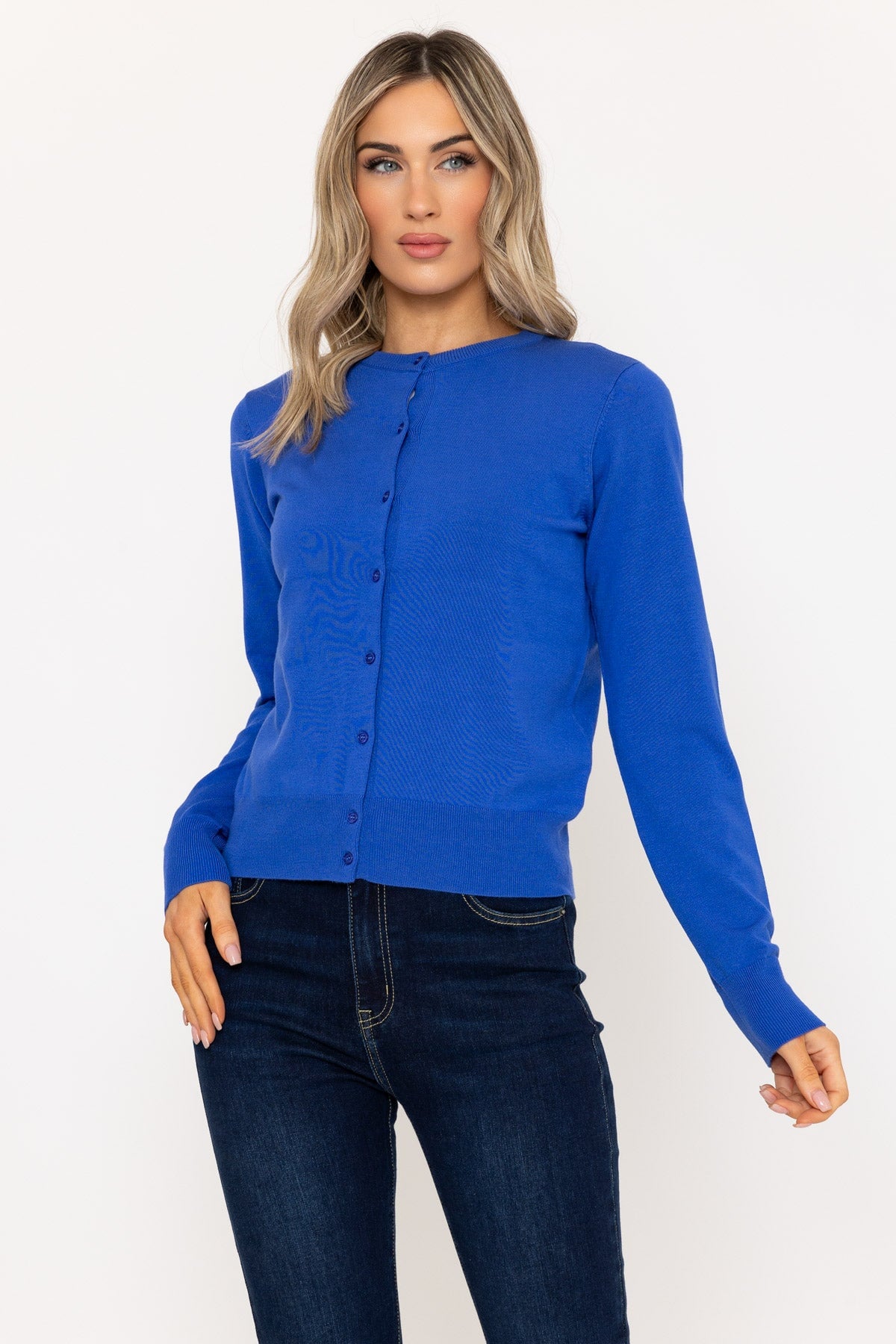 Fine Gauge Crew Neck Cardigan in Blue