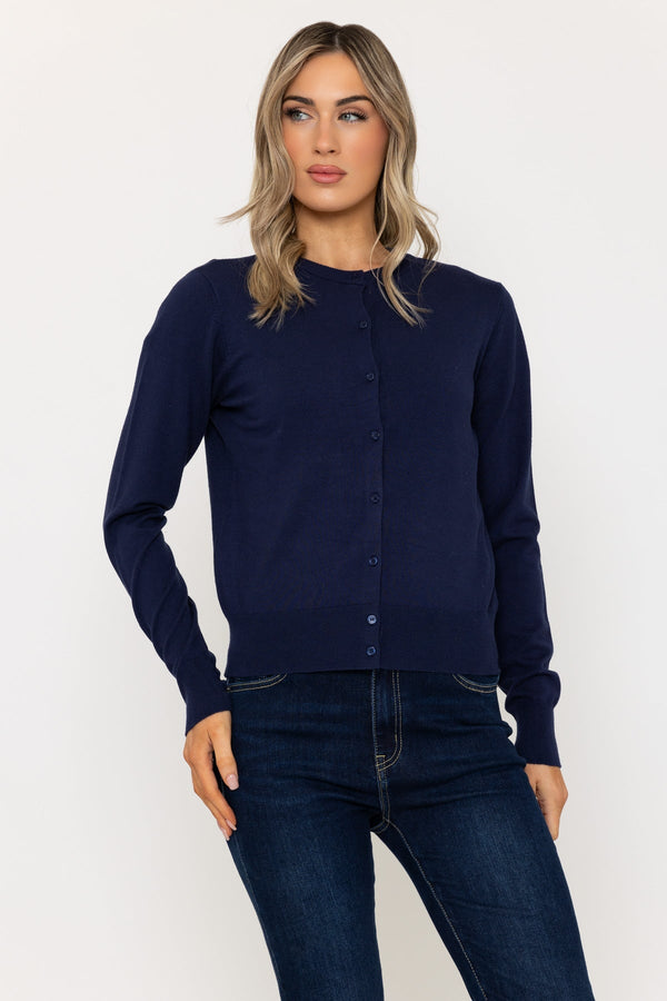 Carraig Donn Fine Gauge Crew Neck Cardigan in Navy