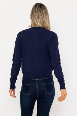 Carraig Donn Fine Gauge Crew Neck Cardigan in Navy