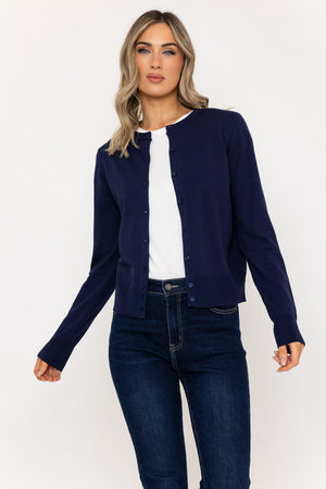 Fine Gauge Crew Neck Cardigan in Navy