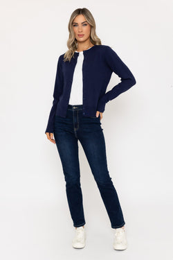 Carraig Donn Fine Gauge Crew Neck Cardigan in Navy