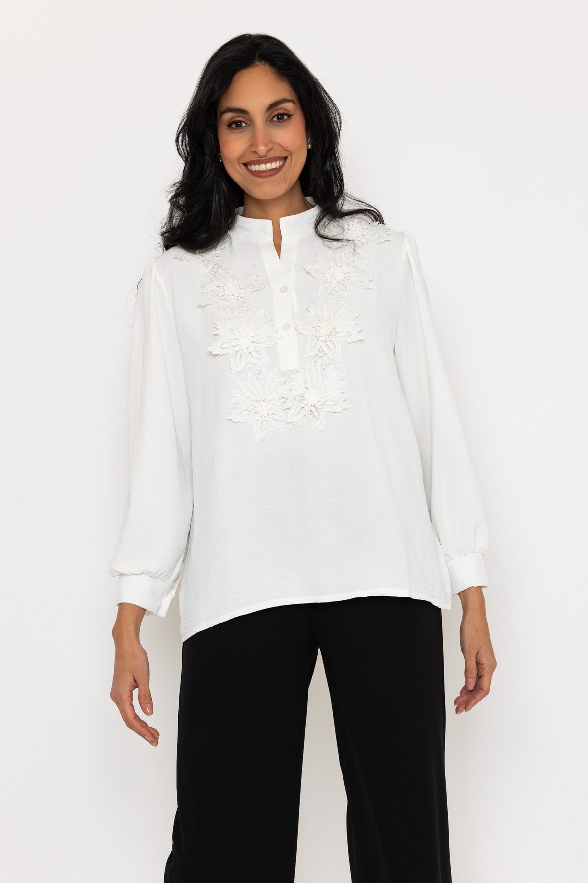 Floral Applique Long Sleeve Top in Ecru