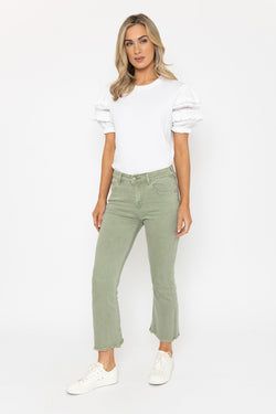 Carraig Donn Frayed Hem Denim Trousers Jeans in Sage Green