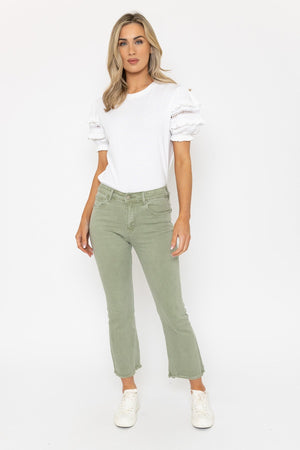 Frayed Hem Denim Trousers Jeans in Sage Green