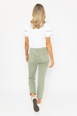 Carraig Donn Frayed Hem Denim Trousers Jeans in Sage Green