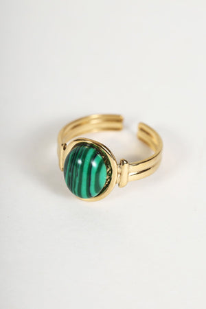 Green Stone Bar Detail Gold Adjustable Ring