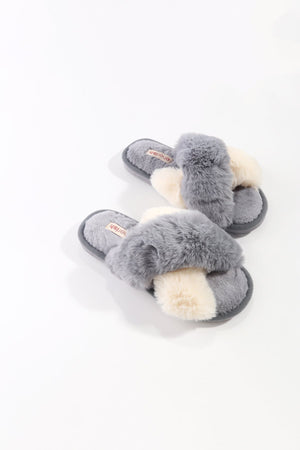 Grey Contrast Faux Fur Mule Slippers