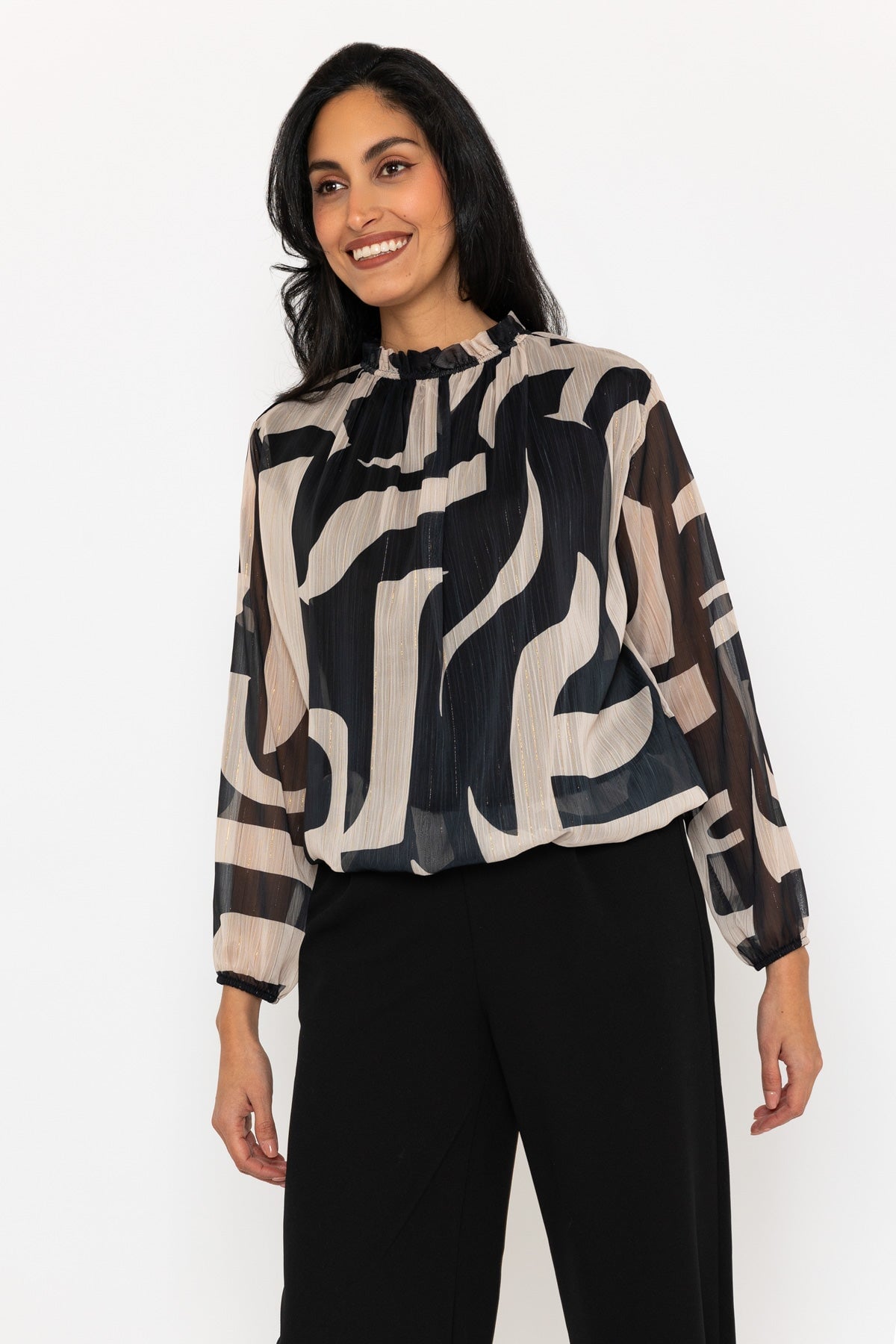 High Neck Black Print Lurex Top