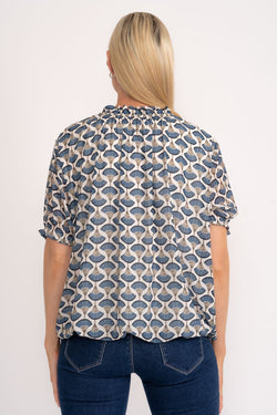 Carraig Donn High Neck Short Sleeve Top in Navy Print