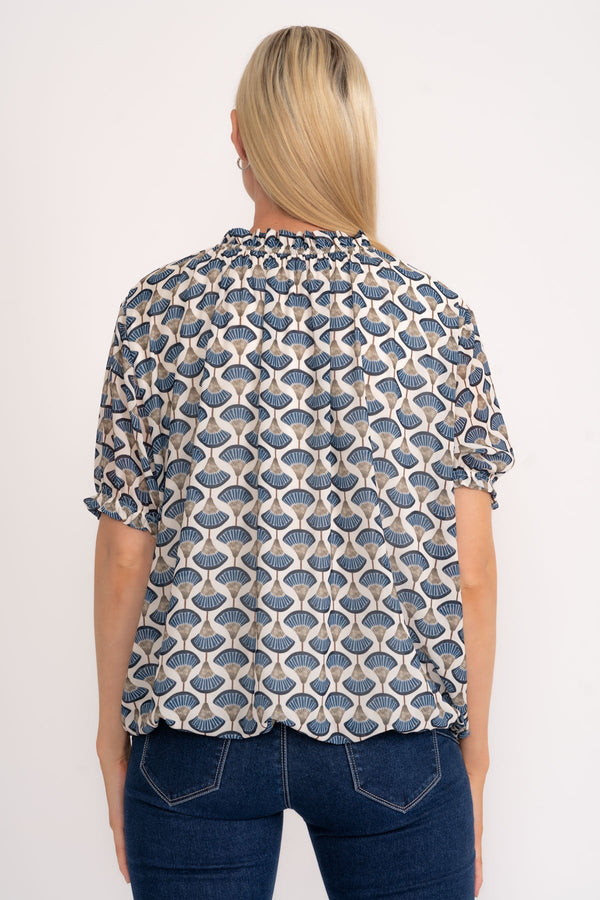 Carraig Donn High Neck Short Sleeve Top in Navy Print