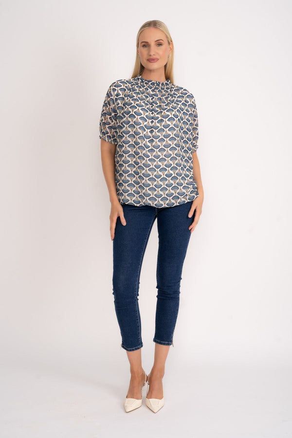 Carraig Donn High Neck Short Sleeve Top in Navy Print