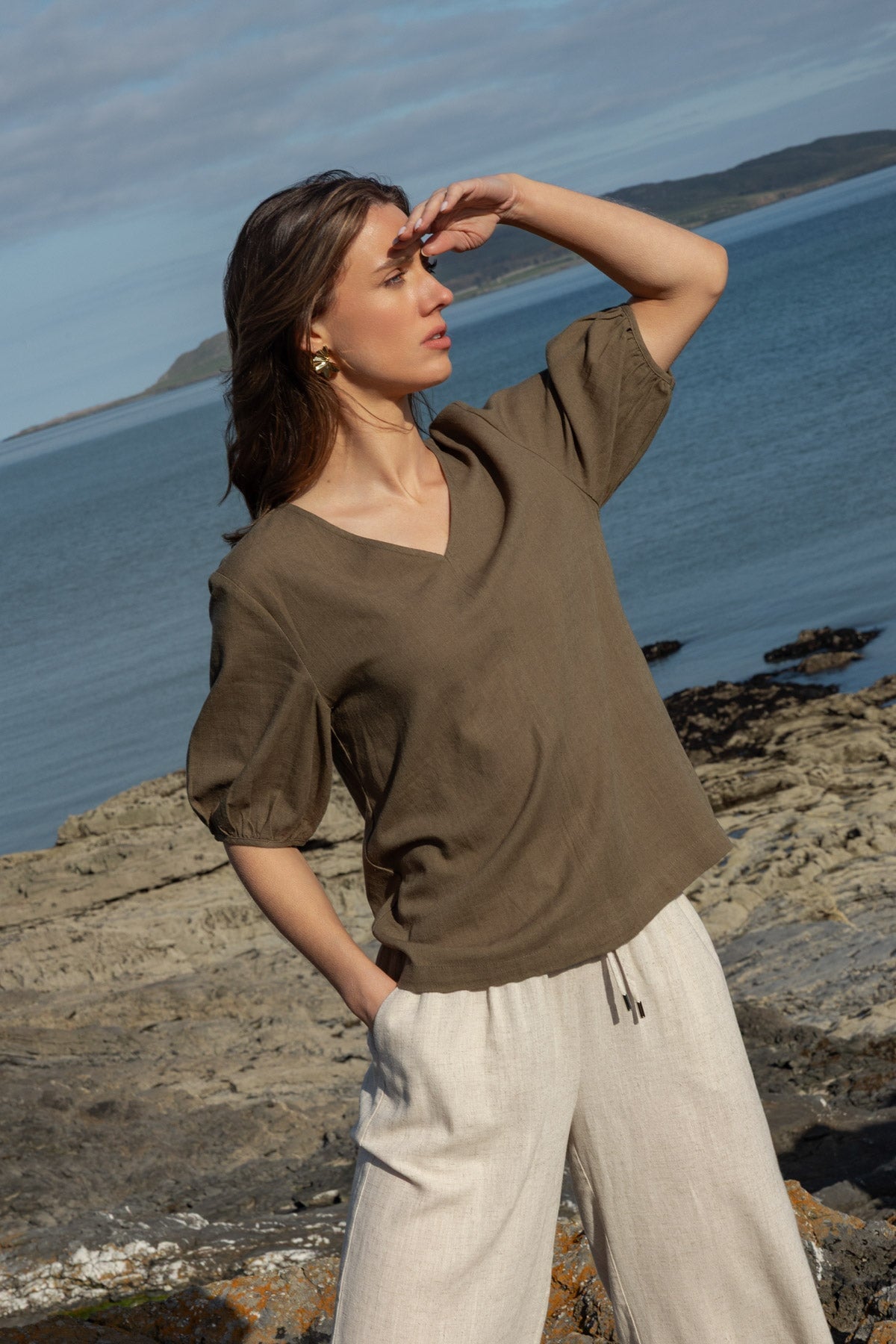 Khaki Linen Blend Puff Short Sleeve Top