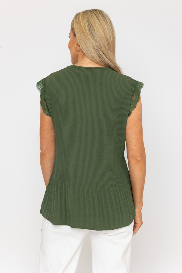 Carraig Donn Khaki Sleeveless Lace Trim Pleat Top