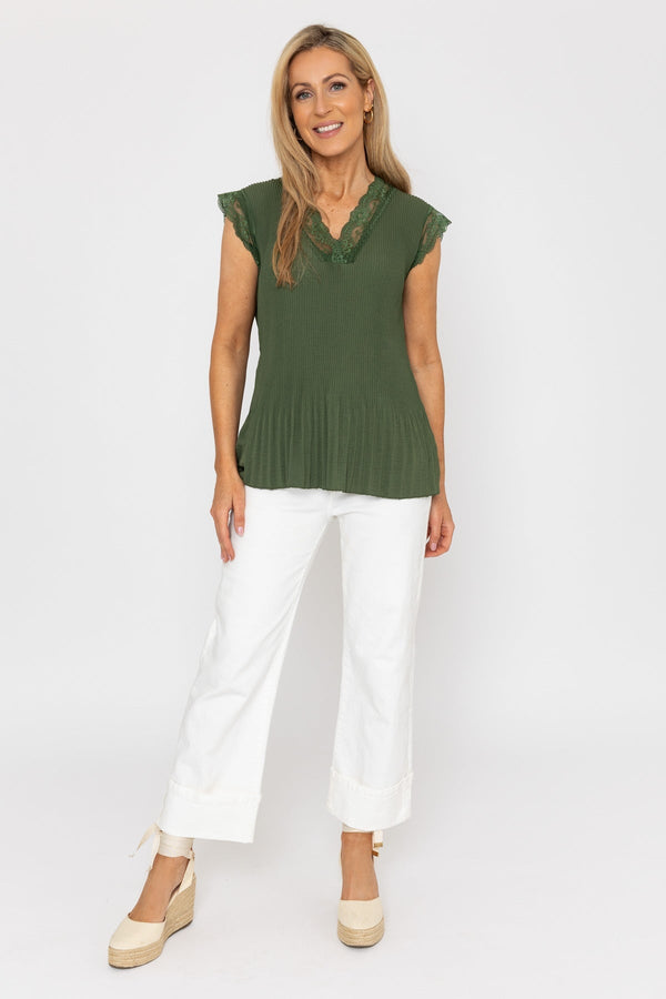 Carraig Donn Khaki Sleeveless Lace Trim Pleat Top