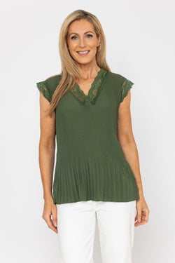 Carraig Donn Khaki Sleeveless Lace Trim Pleat Top