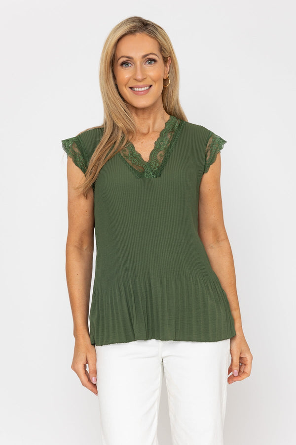 Carraig Donn Khaki Sleeveless Lace Trim Pleat Top