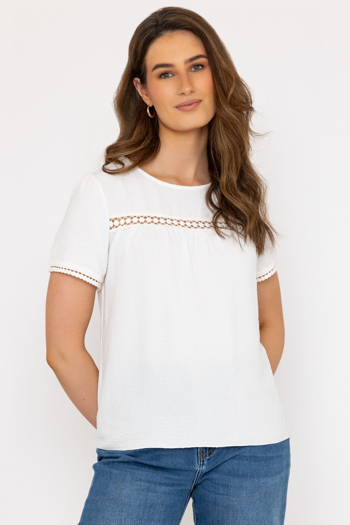 Lace Trim Short Sleeve Top in Ecru