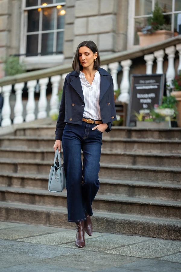 Carraig Donn Lightweight Cropped Trench Coat in Navy