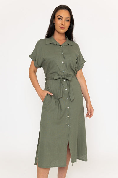 Carraig Donn Linen Blend Shirt Dress in Khaki