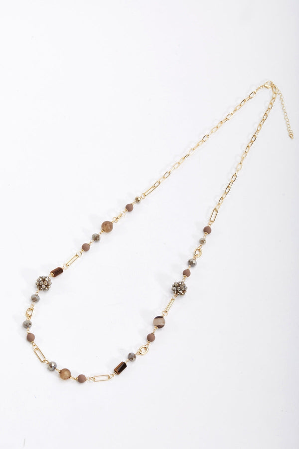 Carraig Donn Long Gold Necklace with Brown Beads