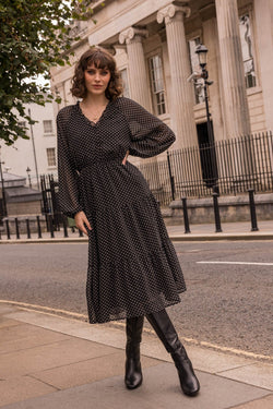 Carraig Donn Long-Sleeve Black Polka Dot Valentina Midi Dress