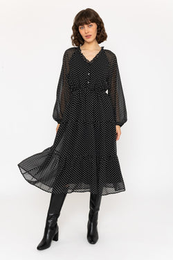 Carraig Donn Long-Sleeve Black Polka Dot Valentina Midi Dress